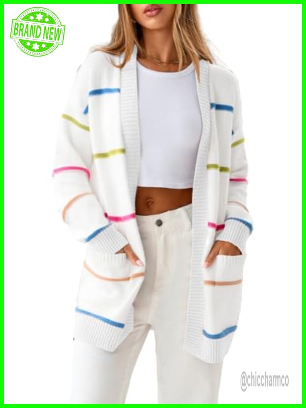 Sidefeel Open Front Striped Cardigan Lightweight Long Sleeve Women's Sweater